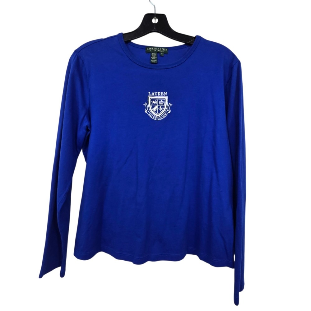 Vintage Y2K Lauren Ralph Lauren Crested T-Shirt Womens M Blue Preppy 100% Cotton